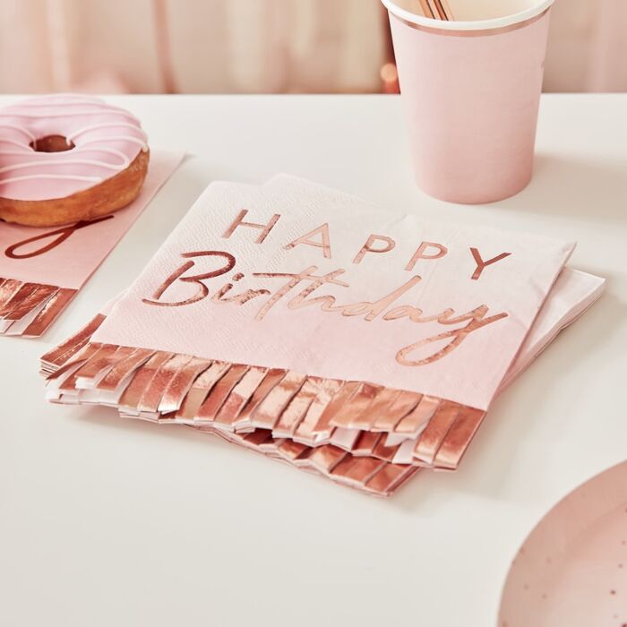 Rose Gold & Pink Ombre Fringe Happy Birthday Napkin